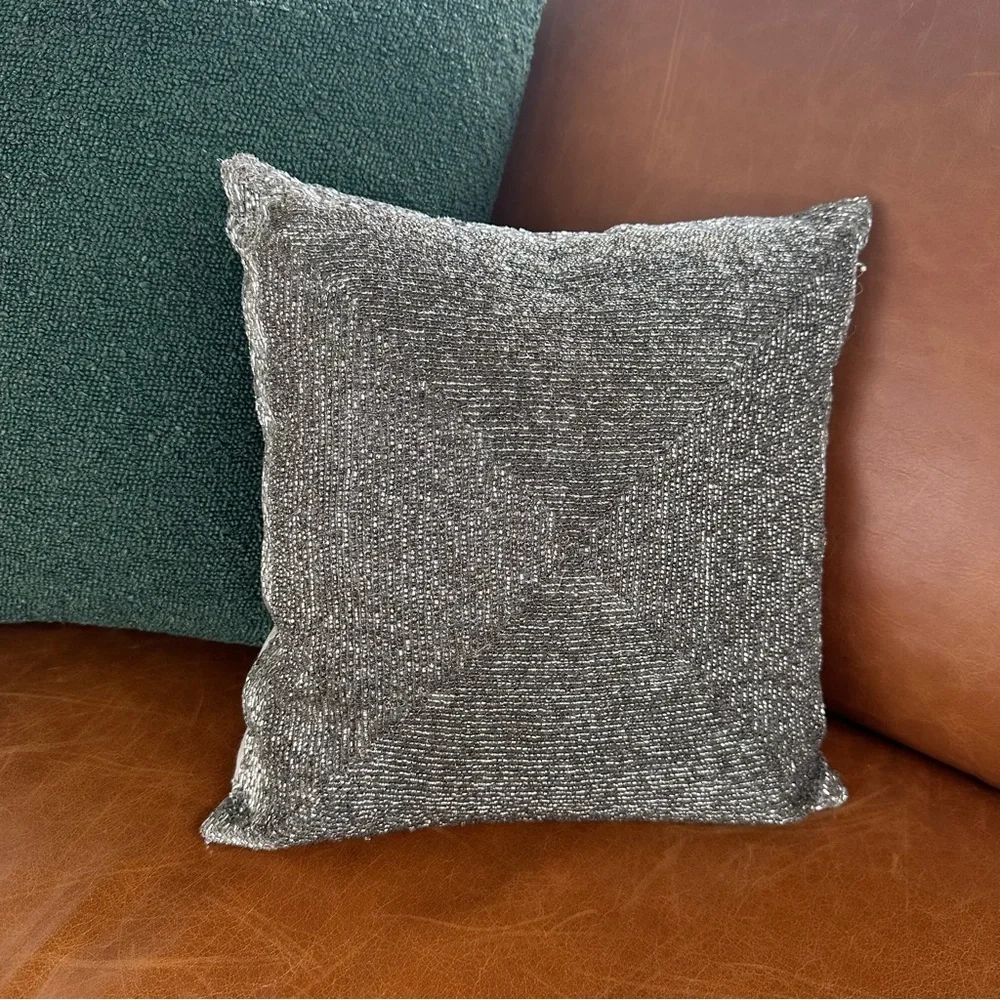 Silver Hand Beaded Silk Decorative Throw Pillow Modern 13 x 13 Square Zippered